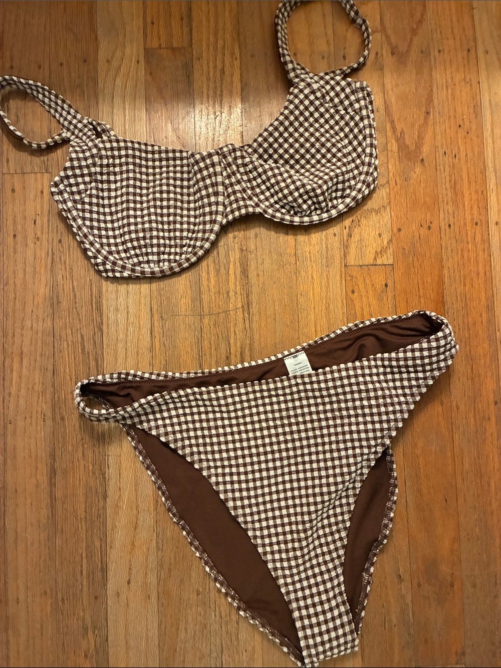 Abercrombie & Fitch Brown and White Gingham Underwire Bikini lrg top sm bttm